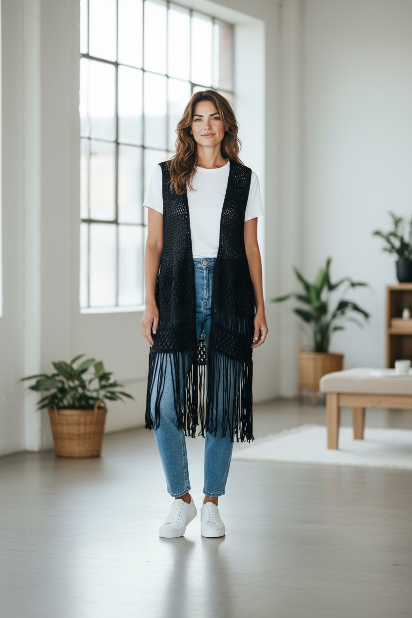 Cardigan Largo con flecos, marca Atmosphere talla M $19.990