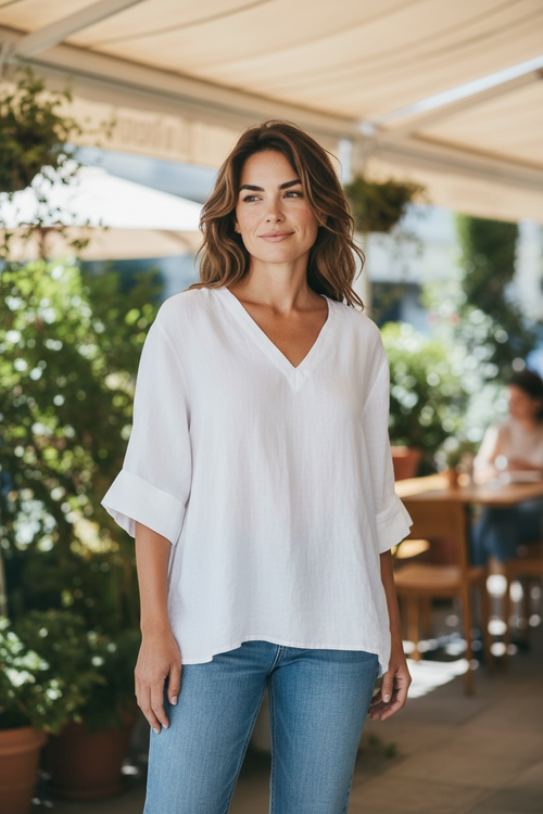 Blusa 100% Lino, escote V talla 50, marca Jessica $29.990
