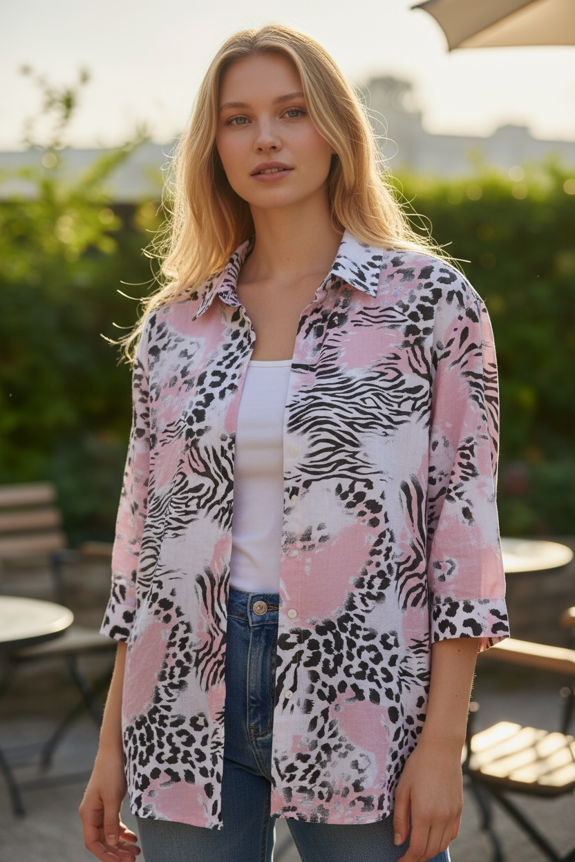 Camisa 100% Algodón animal print en Rosa talla XL $15.990